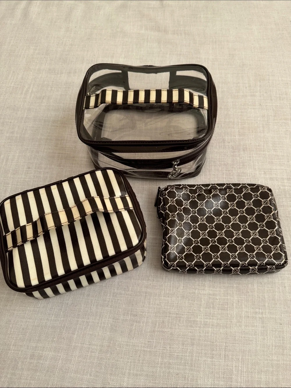 Vintage Henri Bendel Striped /Monogram and Clear Travel Cosmetic Bags - Set of 3